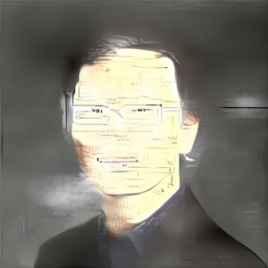 Headshot photo of Y Z combined with a Google patent diagram using deep dream.